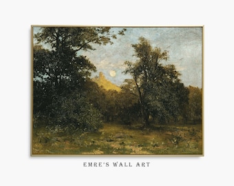 Vintage Moonlight Landscape Oil Painting Print: Rustic Farmhouse Decor (Digital Download)