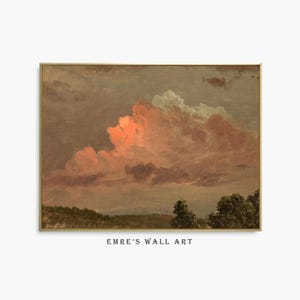 May include: A painting depicting a landscape with a large, pink and orange cloud in the sky. The sky is a light blue and the clouds are fluffy. The landscape is a dark green and brown.