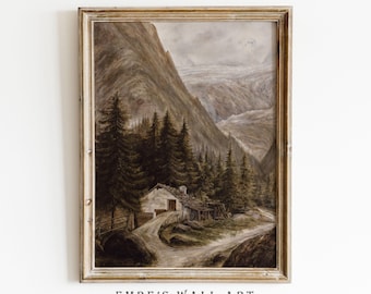 Vintage Mountain Landscape Painting Print: Rustic Cottagecore Wall Art (Digital Download)