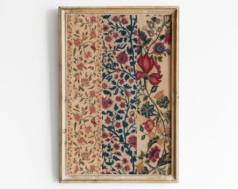 Stampa tessile vintage, motivo patchwork floreale, decorazione murale tessile antica