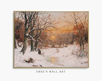 Dipinto di paesaggio di foresta innevata: arte murale invernale vintage (download digitale)