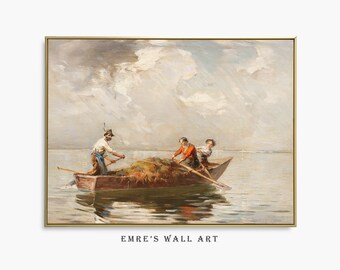 Vintage Seascape Oil Painting: Coastal Boat Scene (Digital Download)