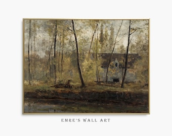 Vintage Farmhouse Landscape Print: Rustic Country Oil Painting (Digital Download)