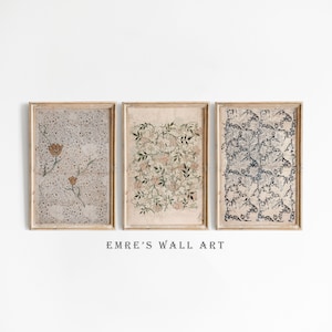 May include: Three framed prints with floral and geometric patterns. The prints are in gold frames and have a vintage aesthetic.