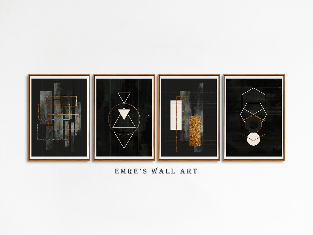 Black and Gold Wall Art Set of 4 Prints Abstract Wall Art Etsy