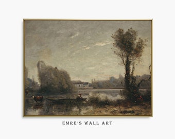 Vintage Lake Landscape Painting: Rustic Farmhouse Wall Art (Printable Digital Download)