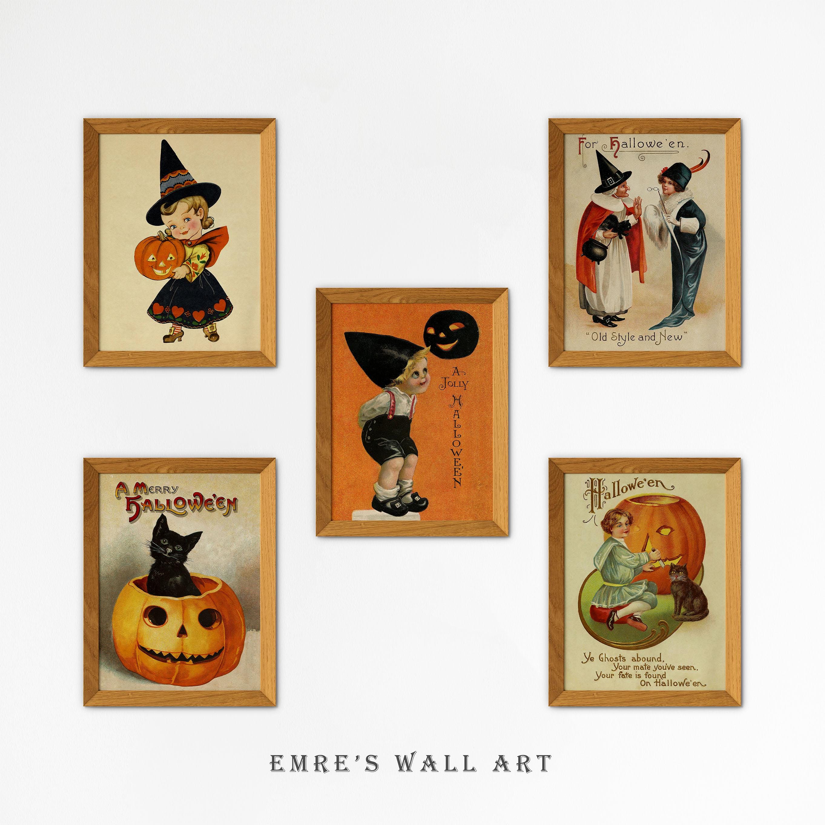 Vintage Halloween Print Set, Witch Pumpkin Black Cat Wall Art (digital ...