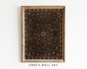 May include: A framed print of a vintage rug with a brown and black floral pattern. The frame is a light wood color with a whitewashed finish. The text "EMRE'S WALL ART" is printed below the frame.