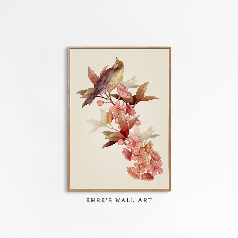 May include: A watercolor painting of a bird perched on a branch of a flowering tree. The bird is brown and green with a pink breast. The flowers are pink and white and the leaves are green. The background is a light beige.