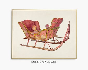 Vintage Roter Schlitten Weihnachten Druck: Winter Wand Dekoration (Digitaler Download)