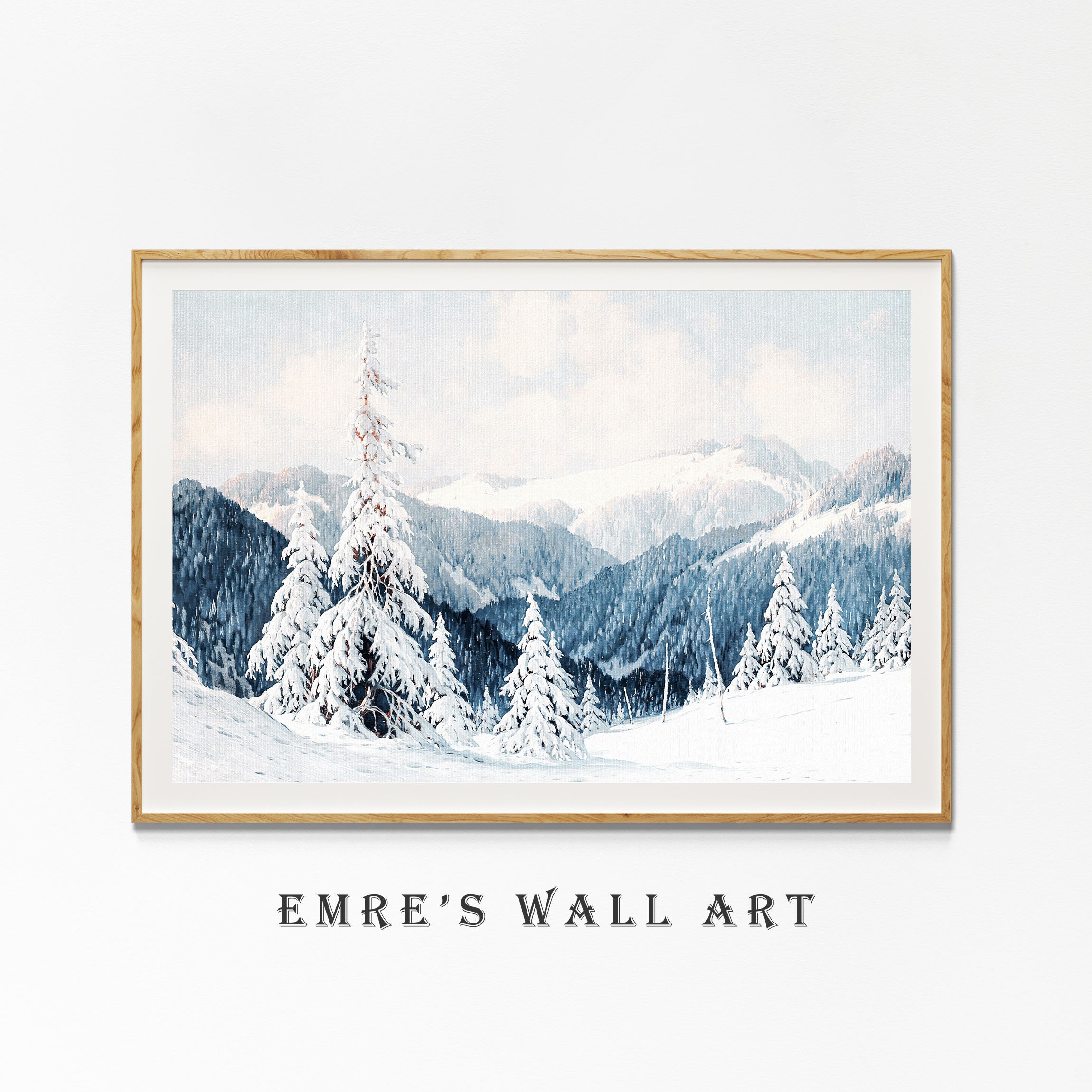Winter Mountain Landscape Print: Snowy Cottagecore Wall Art