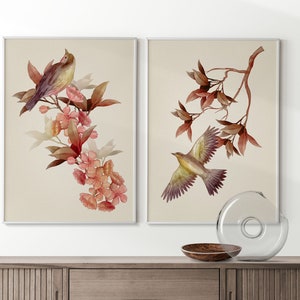 May include: Two framed watercolor paintings of birds perched on branches with pink flowers. The birds are brown and yellow with a light background.