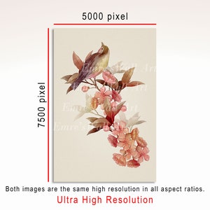 May include: A watercolor painting of a bird perched on a branch with pink flowers. The bird is brown and yellow with a long tail. The flowers are delicate and have a soft pink hue.
