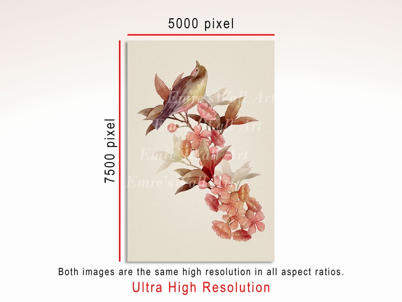 May include: A watercolor painting of a bird perched on a branch with pink flowers. The bird is brown and yellow with a long tail. The flowers are delicate and have a soft pink hue.