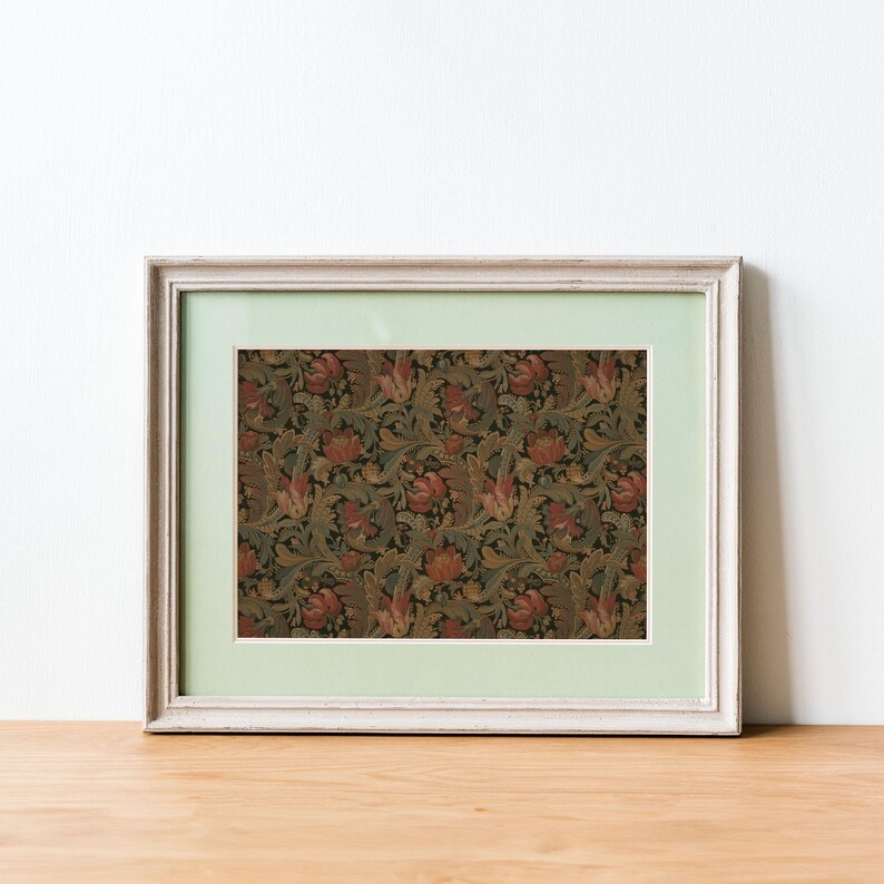 Antique rustic floral textile pattern featuring detailed vintage fabric textures and classic floral motifs. The design showcases flowing botanical elements in soft earthy tones, inspired by traditional cottage interiors and antique textiles. Aged fabric appearance and ornamental floral details create a timeless decorative look. Ideal as vintage textile wall decor with a warm rustic character, presented as a high-resolution digital print.