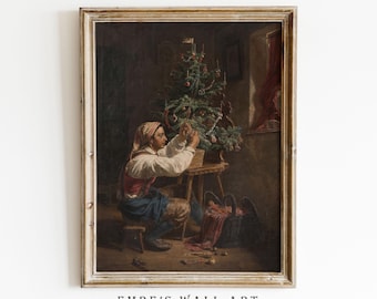 May include: A framed vintage painting shows a person decorating a Christmas tree. The person is wearing a white shirt, red vest, and blue trousers. The tree is decorated with ornaments. The painting has a warm colour palette and is labelled "EMRE'S WALL ART".