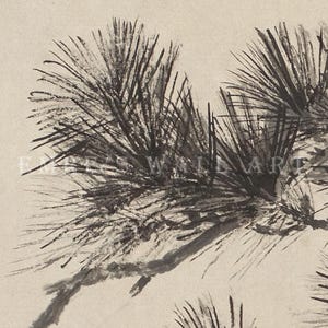A vintage Japanese ink wash painting of a pine tree branch with detailed pine needles and a small pinecone against a textured beige paper background. The elegant black brushstrokes capture a minimalist, traditional East Asian artistic look. A small red artist seal is visible in the bottom right corner.