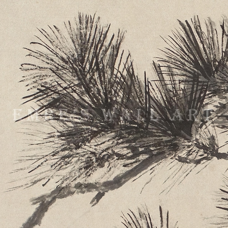 A vintage Japanese ink wash painting of a pine tree branch with detailed pine needles and a small pinecone against a textured beige paper background. The elegant black brushstrokes capture a minimalist, traditional East Asian artistic look. A small red artist seal is visible in the bottom right corner.