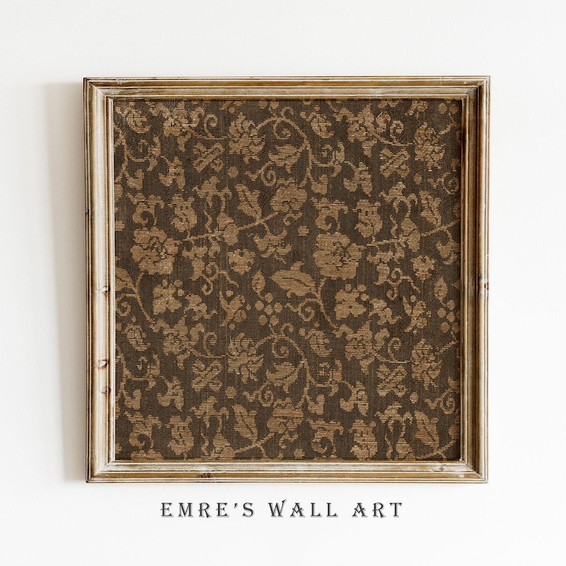 An antique-style botanical fabric art print featuring an intricate rustic textile pattern in warm brown tones. The design shows woven floral vines and leaves, arranged in an old-world tapestry style. The soft contrast between background and pattern gives a sense of depth and age. Ideal for vintage-inspired digital wall decor and home styling.