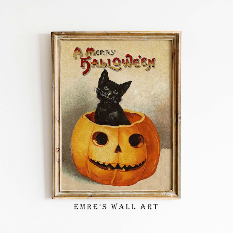 Vintage Halloween Print Set, Witch Pumpkin Black Cat Wall Art (digital ...