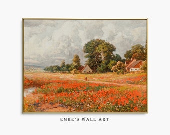 Vintage Spring Meadow Oil Painting: Rustic Farmhouse Print (Digital Download)