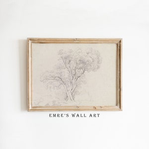 Tree Sketch Art Print, Neutral Landscape Drawing Wall Art, Rustic Landscape Sketch Drawing, Vintage Sketch Art Print, Instant Download