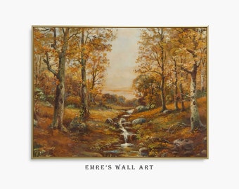 Impresión de pintura al óleo vintage de bosque otoñal: arte rústico para pared (descarga digital)