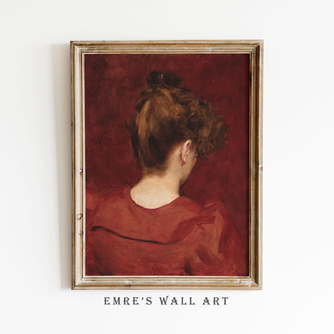 Vintage Woman Oil Painting Print: Classic Red Tone Portrait Art ...