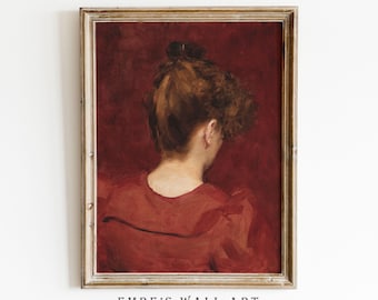 Vintage Woman Oil Painting Print: Classic Red Tone Portrait Art (DIGITAL DOWNLOAD)