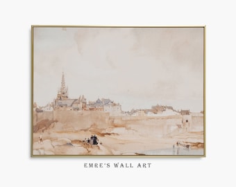Vintage French Cityscape Watercolor Painting: Neutral Abstract Art (Digital Download)