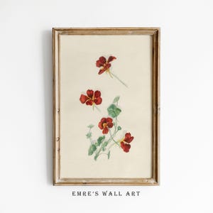 Antique Red Flowers Painting, Vintage Botanical Watercolor Print, Floral Wall Art Digital Download