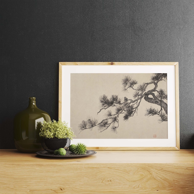 A vintage Japanese ink wash painting of a pine tree branch with detailed pine needles and a small pinecone against a textured beige paper background. The elegant black brushstrokes capture a minimalist, traditional East Asian artistic look. A small red artist seal is visible in the bottom right corner.