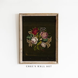 Vintage Floral Needlepoint Print, Embroidery Home Decor, Antique Textile Wall Art PRINTABLE