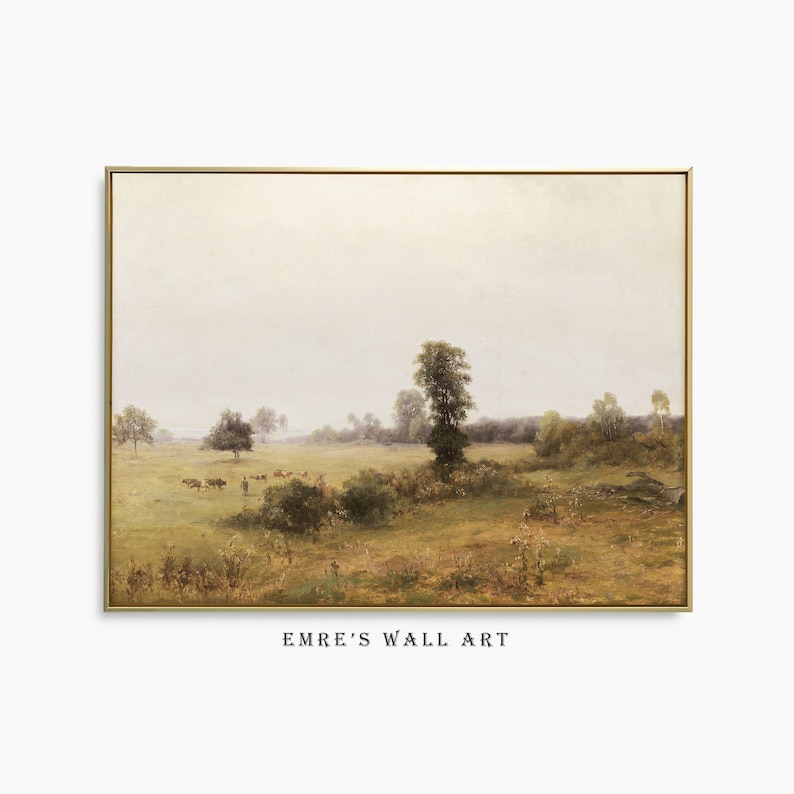 May include: A painting of a rural landscape with a group of cows grazing in a field. The sky is overcast and the trees are bare. The painting is framed in a gold frame.