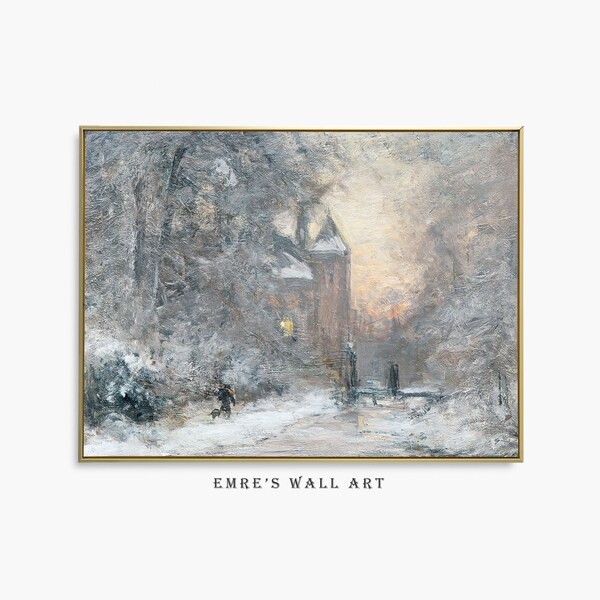 Winter Castle Landscape Oil Painting: Vintage Holiday Wall Decor (Digital Download)