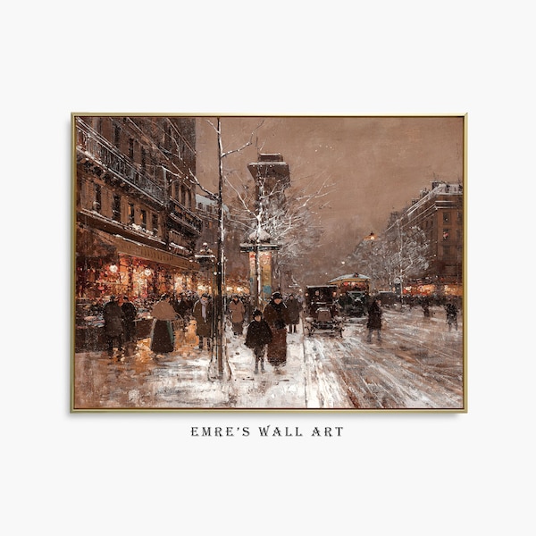 Vintage Paris Winter Street Scene Oil Painting (Digital Download)