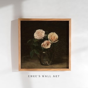 Pintura vintage de rosas em pote de vidro, impressão floral de natureza morta em tom sombrio e melancólico (DOWNLOAD DIGITAL)
