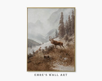 Vintage Stag Print, Deer Wall Art Print, Deer Oil Painting, Antique Stag Print, Vintage Landscape Oil Painting, Vintage Neutral Art Print