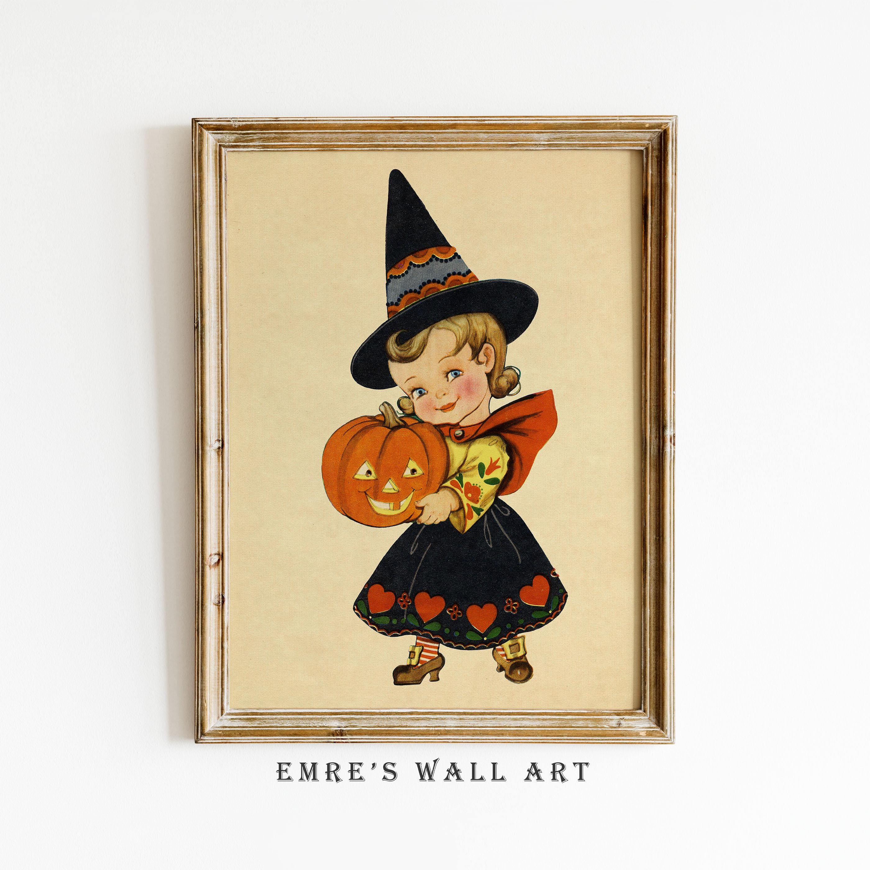 Vintage Halloween Print Set, Witch Pumpkin Black Cat Wall Art (digital ...