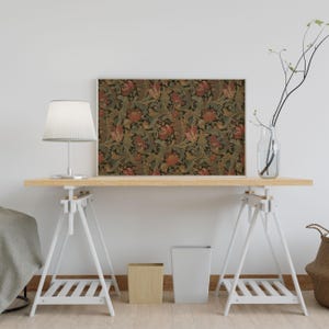 Antique rustic floral textile pattern featuring detailed vintage fabric textures and classic floral motifs. The design showcases flowing botanical elements in soft earthy tones, inspired by traditional cottage interiors and antique textiles. Aged fabric appearance and ornamental floral details create a timeless decorative look. Ideal as vintage textile wall decor with a warm rustic character, presented as a high-resolution digital print.