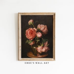 Pintura de flores vintage con un tono melancólico, arte de pared imprimible con rosas, decoración del hogar con naturaleza muerta IMPRIMIBLE, arte antiguo descargable digital