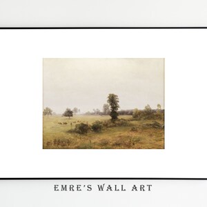 May include: A painting of a misty landscape with a single tree in the center. The sky is a pale blue and the ground is covered in green grass. There are a few small trees in the background.