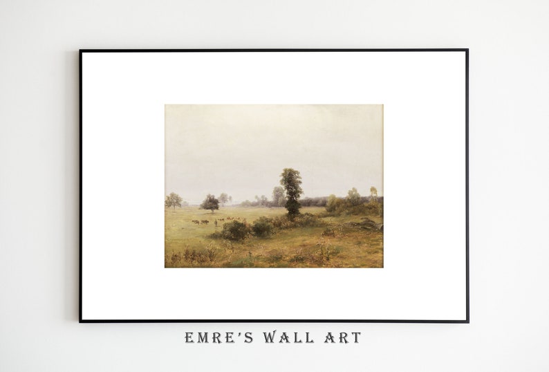 May include: A painting of a misty landscape with a single tree in the center. The sky is a pale blue and the ground is covered in green grass. There are a few small trees in the background.