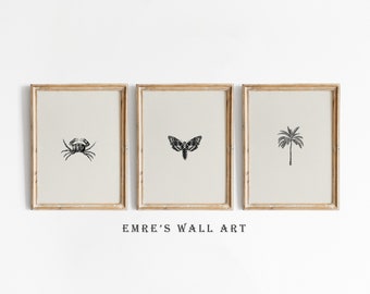 Vintage Sketch Art Print Set, Sketch Drawing Wall Decor, Butterfly Art Print, Palm Art Print, Crab Art Print, Digital Downloadable Artworks