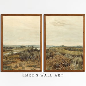 May include: A split-panel painting depicting a landscape scene with a river winding through a field of green and brown grasses under a cloudy sky.
