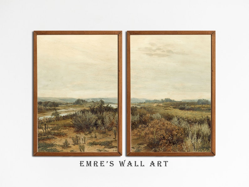 May include: A split-panel painting depicting a landscape scene with a river winding through a field of green and brown grasses under a cloudy sky.