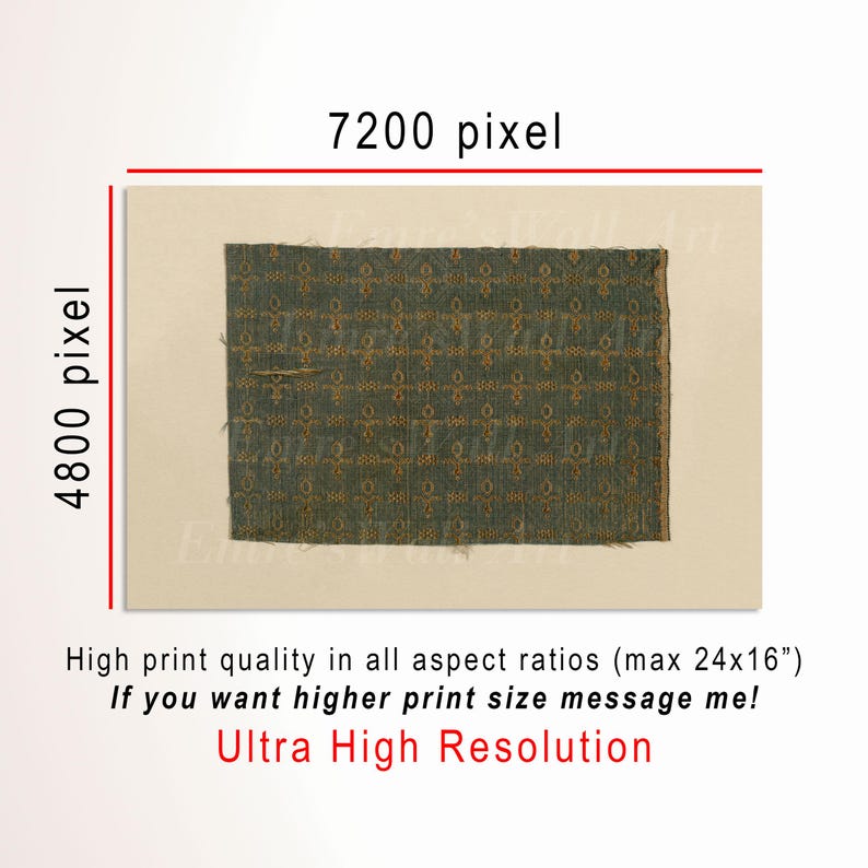 Vintage green woven textile fragment with repeating gold ornamental motifs, high-resolution fabric pattern print for wall decor, antique tapestry style.