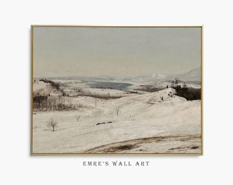 Stampa di paesaggio invernale d'epoca: dipinto di fattoria innevata (download digitale)