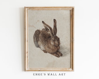 Printable Vintage Rabbit Painting, Farmhouse Animal Wall Decor, Antique Nursery Wall Art, DOWNLOADABLE Easter Sketch Art Print