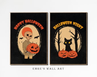 Retro Halloween Print Set, Pumpkin, Skeleton, Cat Art (Digital Download)